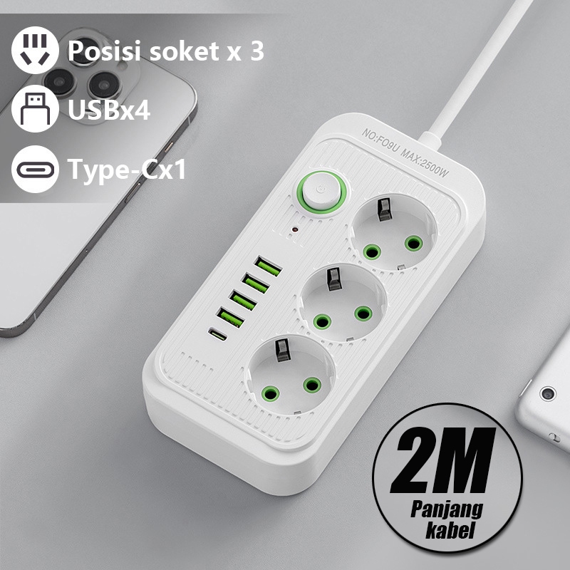 Gambar produk 2500W Stop Kontak USB Kabel Serbaguna Multiguna Panjang 2 Meter Original Power Socket Sakelar Independen dengan Power Socket 4 Port USB 10 Port Stop Kontak 2* Type-C Port 7