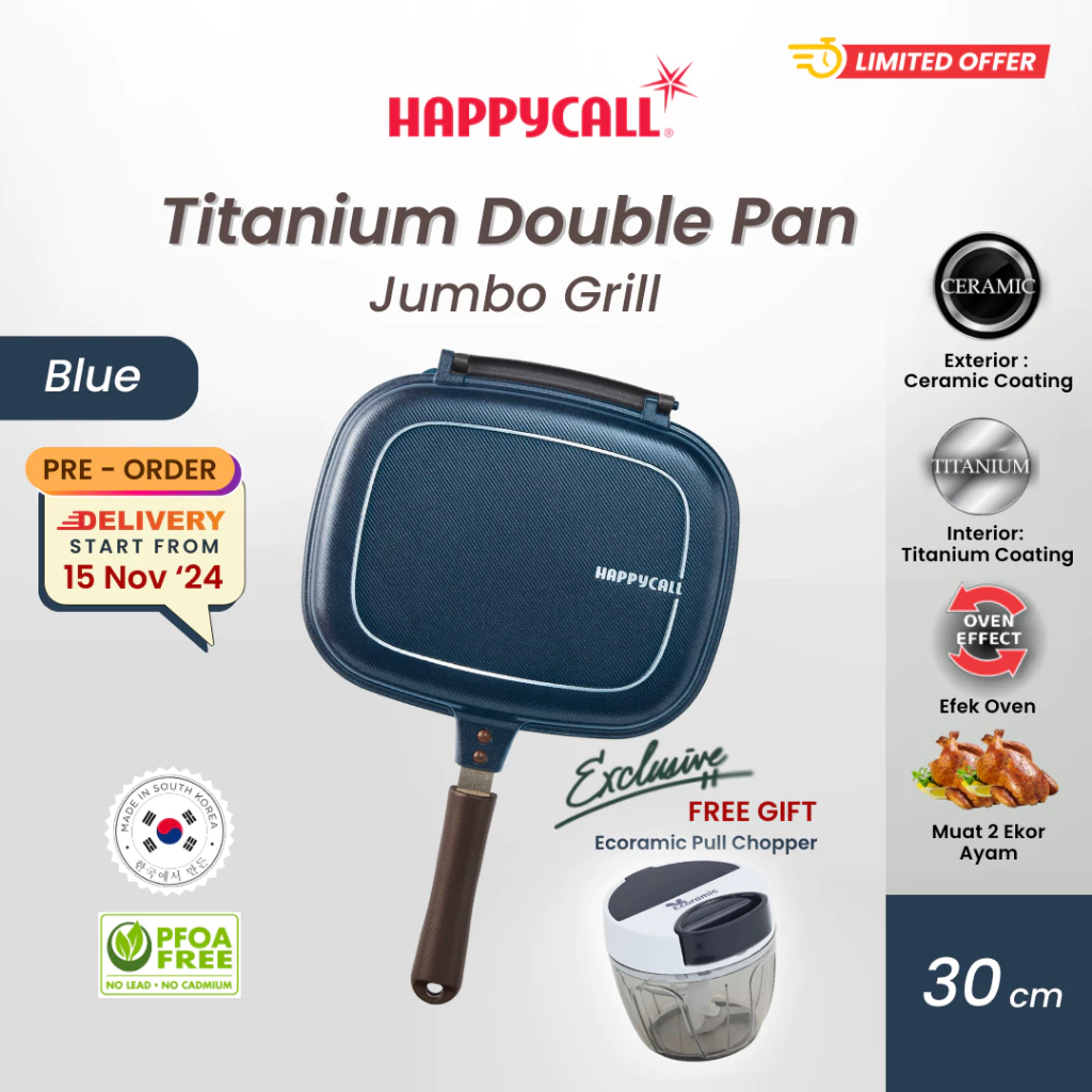 Happycall Titanium Double Pan Jumbo Grill Blue 30 cm - Alat Pemanggang Dua Sisi