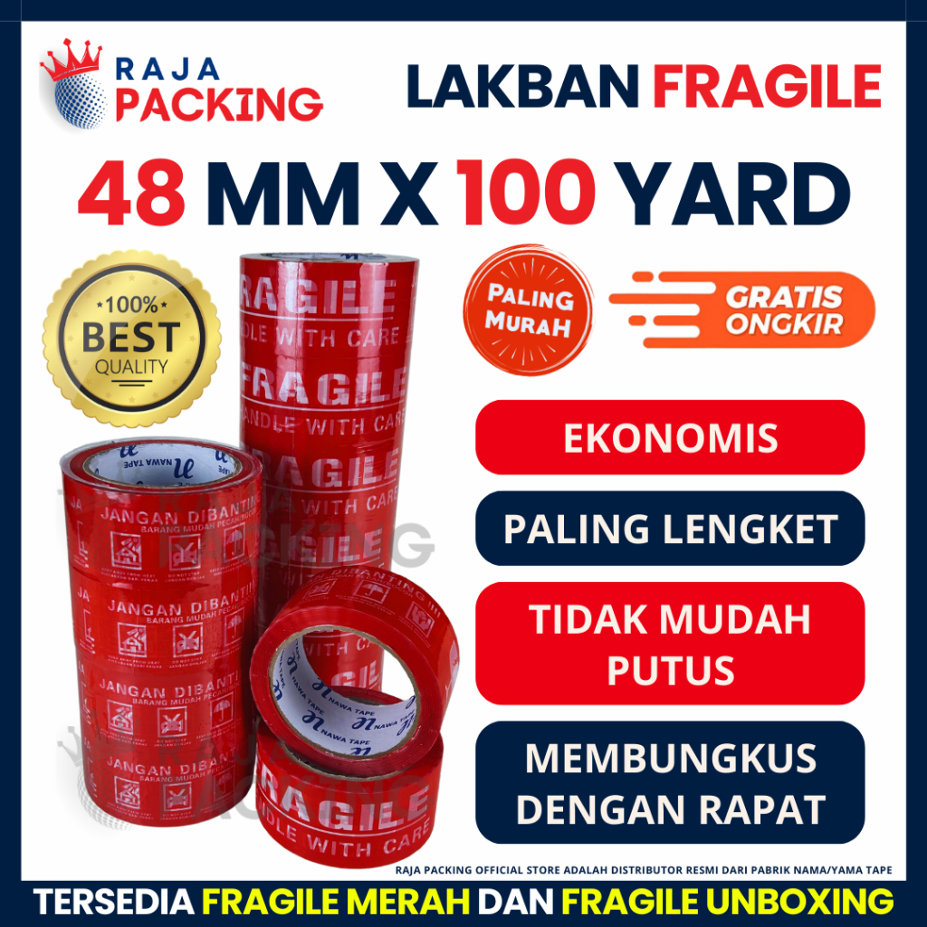Jual Lakban Fragile Merah 2 Inch 100 Yard Ekonomis Jangan Dibanting 48 ...