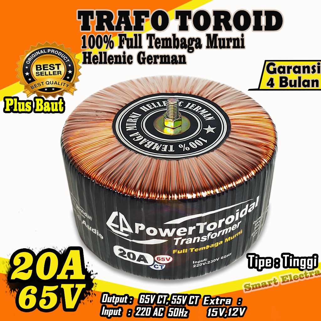 Jual Trafo Toroid 20A 65V CT - 55V CT MURNI Full Tembaga murni Helenic ...