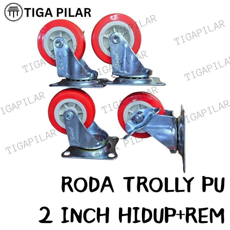 Jual RODA CASTER TROLI TROLLY 2 INCH HIDUP+REM MERAH BAHAN PU XCELLENT ...