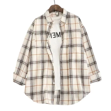 Baju Atasan Wanita Kemeja Flanel Wanita Lengan Panjang Kotak