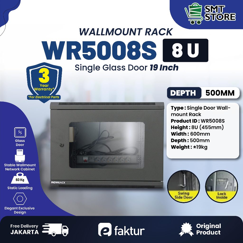 Jual INDORACK WR5008S 8U Depth 500mm Wallmount Single Glass Door Rak ...