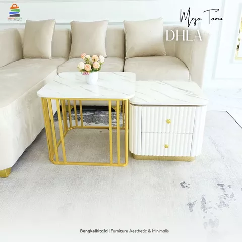 Meja Tamu Aesthetic Meja Kopi Bulat Susun - MEJA DHEA - Set 2 in 1 Laci Kayu Duco Gloss