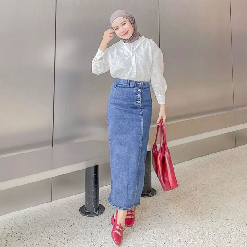 Jual Rok jeans Rebecca Rok Jeans Belah Samping Rok Jeans Kancing Wanita ...