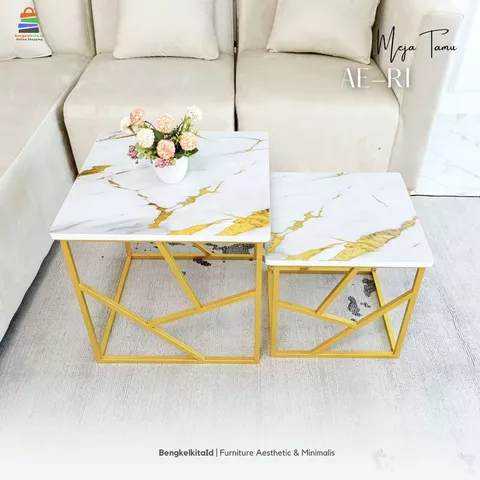 Meja Tamu Kotak Aesthetic Meja Sofa Minimalis - MEJA AE-RI - Set Susun Geometris Marmer UV Gold