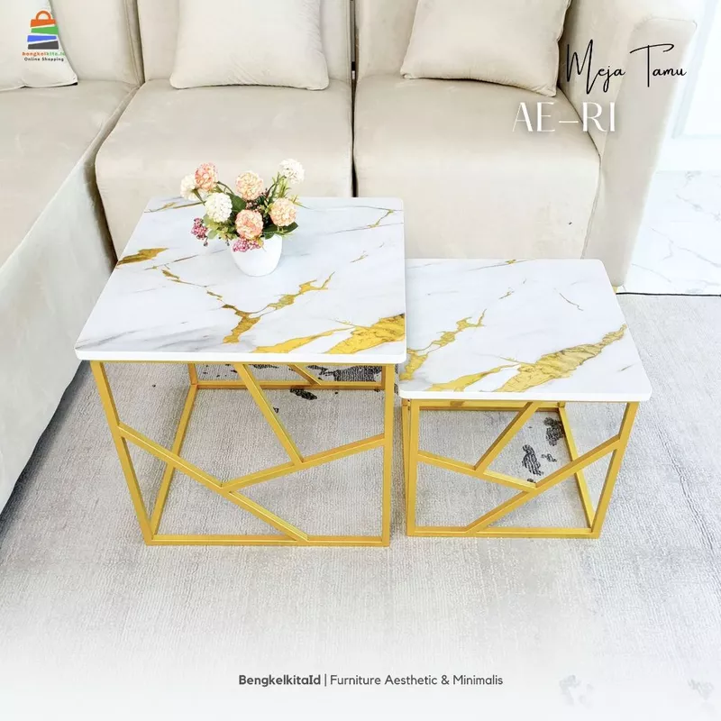 Meja Tamu Kotak Aesthetic Meja Sofa Minimalis - MEJA AE-RI - Set Susun Geometris Marmer UV Gold