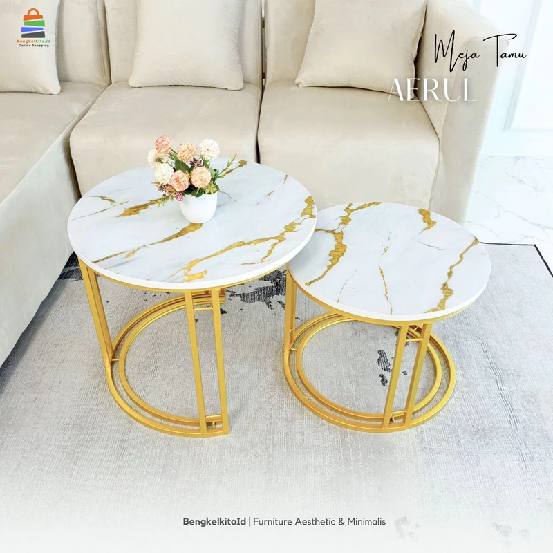Meja Tamu Aesthetic Meja Sofa Minimalis - MEJA AERUL - Bulat Set 2 in 1 Garis Marmer UV Gold