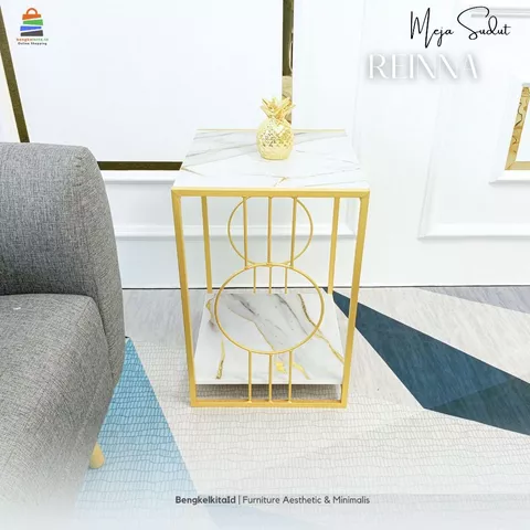Meja Sudut Aesthetic Meja Tamu Sofa Susun - MEJA REINNA - Kotak 2 Ambalan Besi Holo Cat Duco