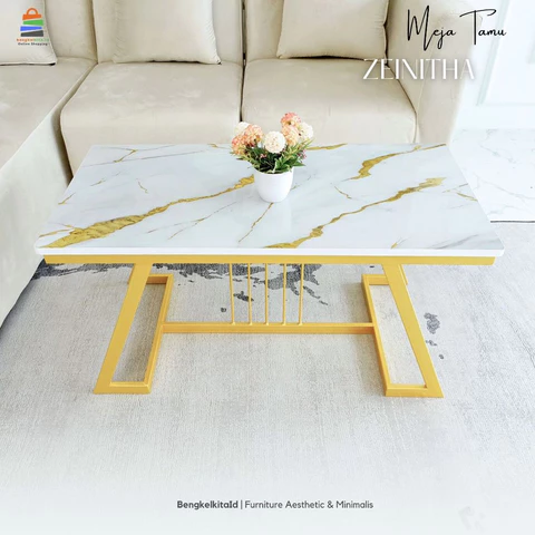 Aesthetic Rectangular Coffee Table Meja Tamu - MEJA ZEINITHA - Modern Minimalist Besi Holo Gold