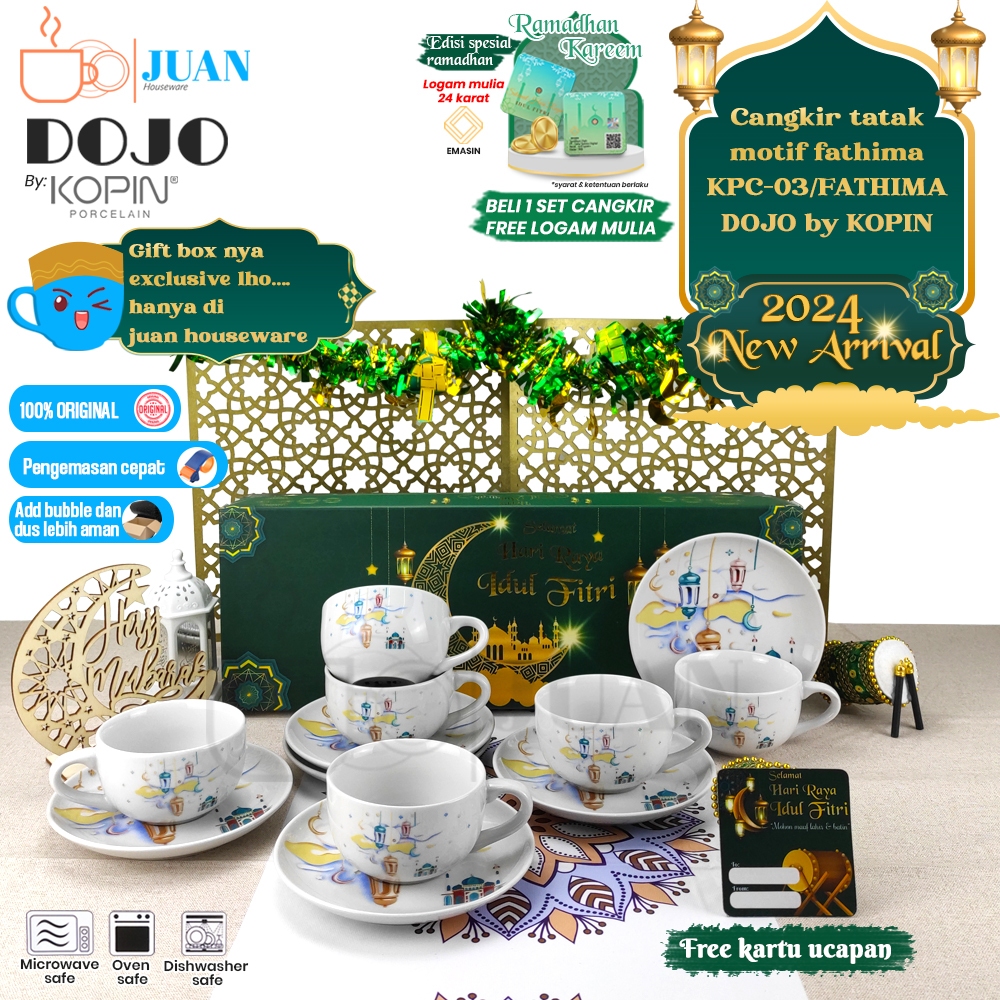 DOJO 6 pasang cangkir + tatakan motif special lebaran fathima KPC-03 / hampers lebaran/idul fitri