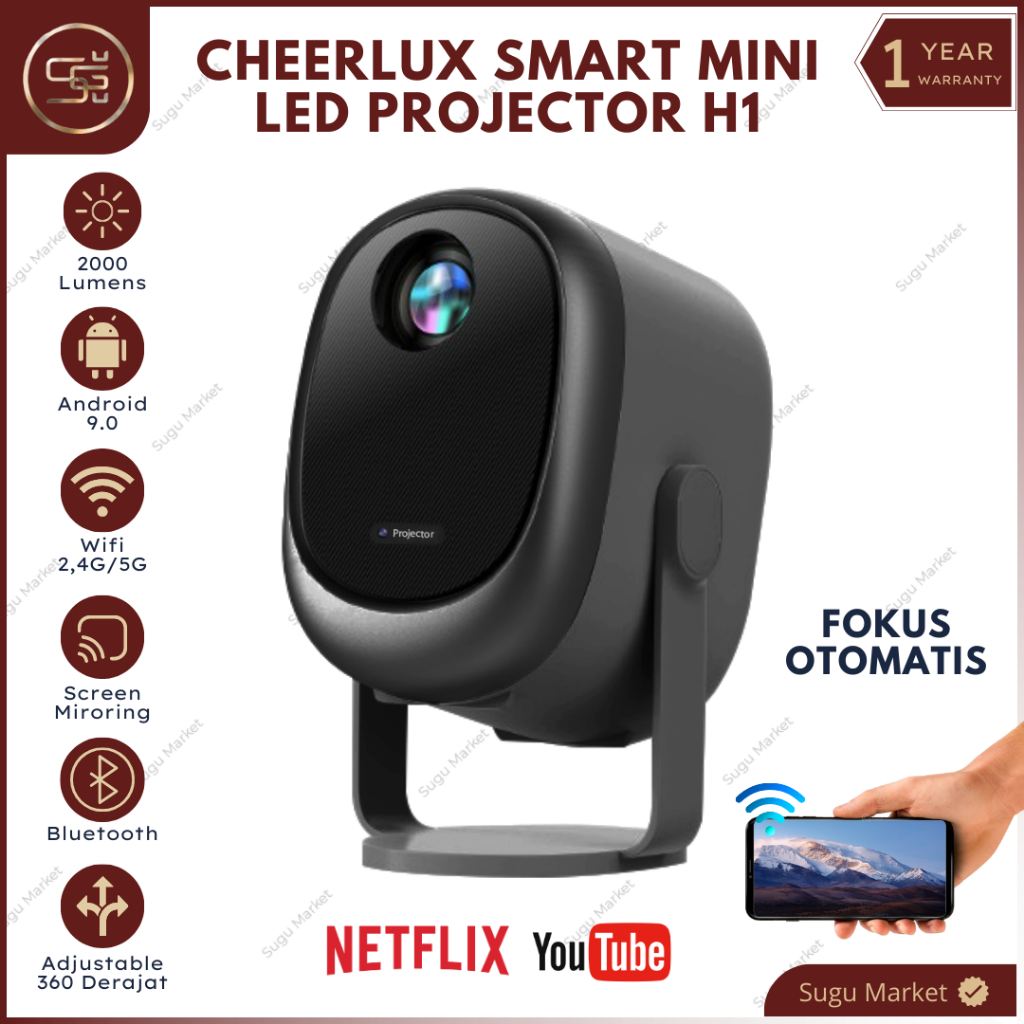 Jual Proyektor Mini LED Cheerlux H1 Android 9.0 Bluetooth 2000 Lumens ...