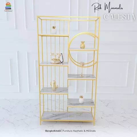 Aesthetic Display Shelf Wide Tiered Rack - RAK CALESTA - Modern Minimalist Besi Holo Gold