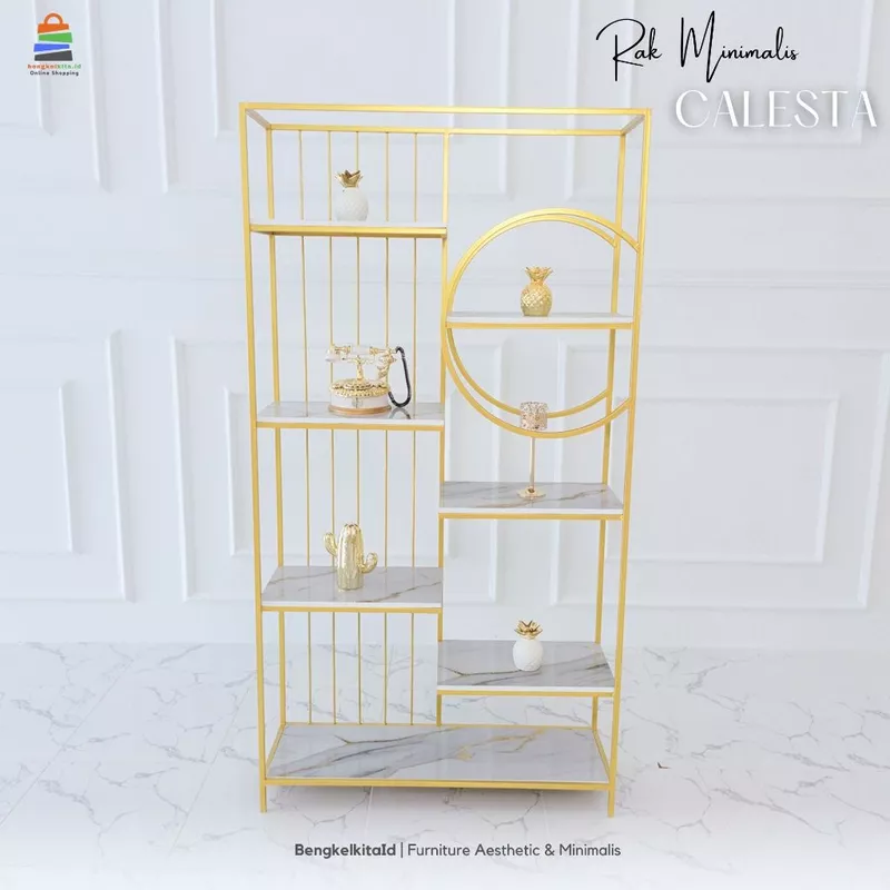 Aesthetic Display Shelf Wide Tiered Rack - RAK CALESTA - Modern Minimalist Besi Holo Gold