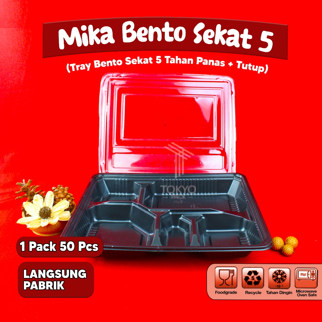 Jual Mika Bento Sekat 5 / Tray Bento Sekat 5 Tahan Panas + Tutup / Box ...