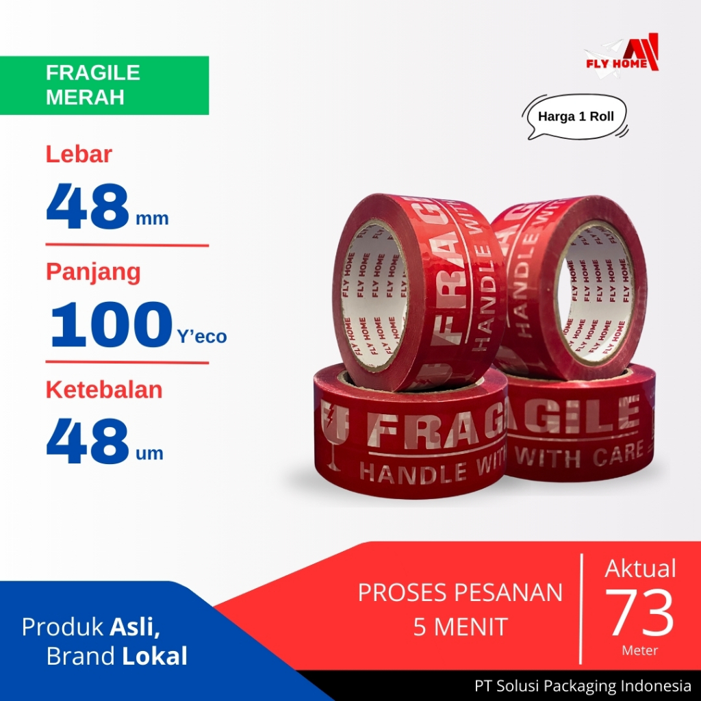 Jual FLYHOME Fragile merah 100yard 48mm x 100yard 2inci 1 roll lakban ...