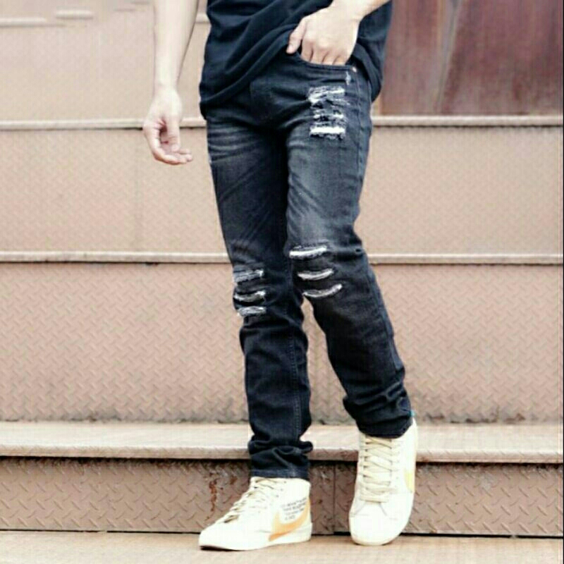 RIPPED JEANS PRIA Celana Sobek Pria Skinny Jeans Street Zigzag Destory  Bikers Premium Celana Jeans Sobek Pria Snow Wash Celana Pria