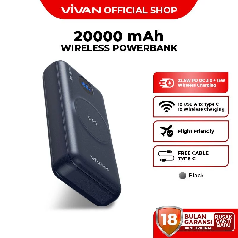 VIVAN Wireless Powerbank 20000 mAh VPB-W20 3 Output 22,5W Fast Charging Garansi 18 Bulan