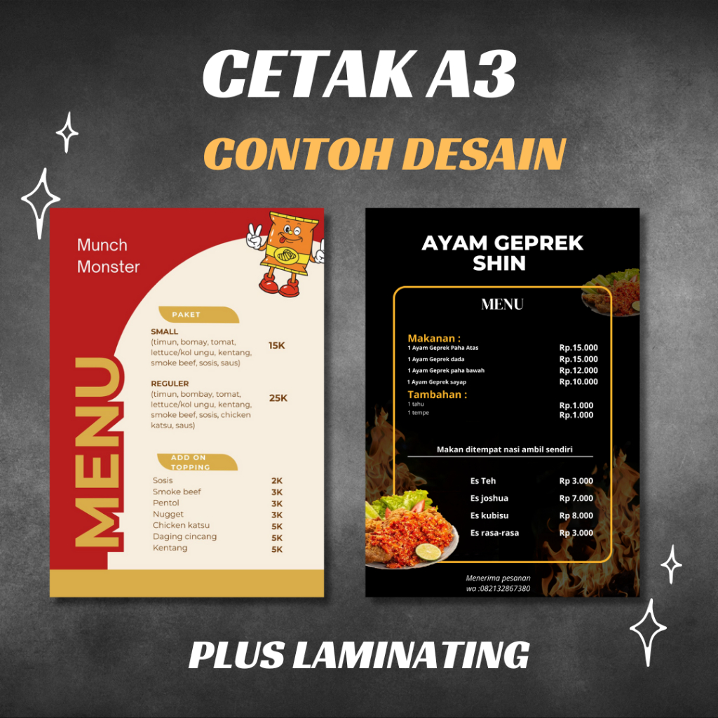 Jual Cetak Daftar Menu Ukuran A3 Plus Laminating Bisa Custom Desain ...