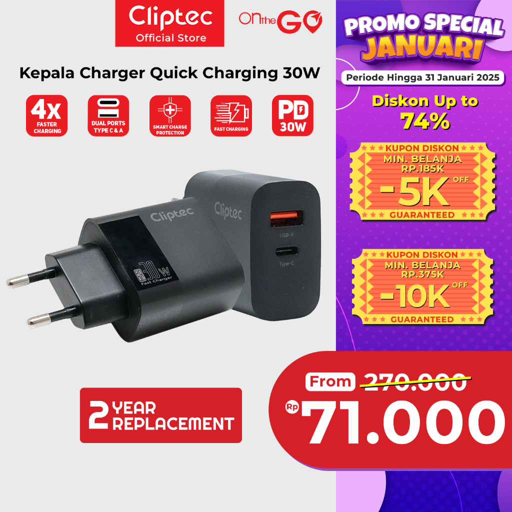 Jual Cliptec Kepala Charger Quick Charging Type C USB 30W PD Fast ...