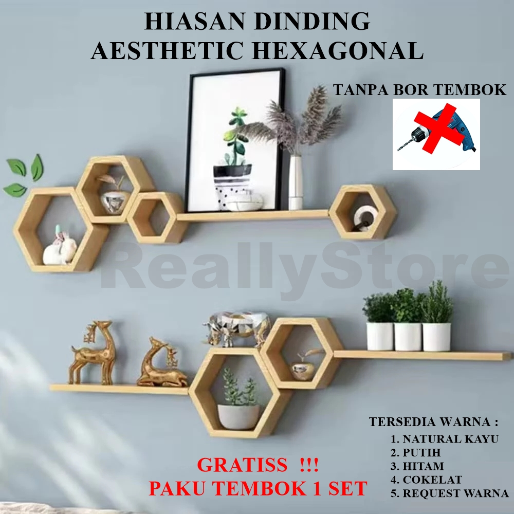 Jual Rak Dinding Hexagonal Hiasan Dinding Aesthetic Rak Hexagonal Kayu ...