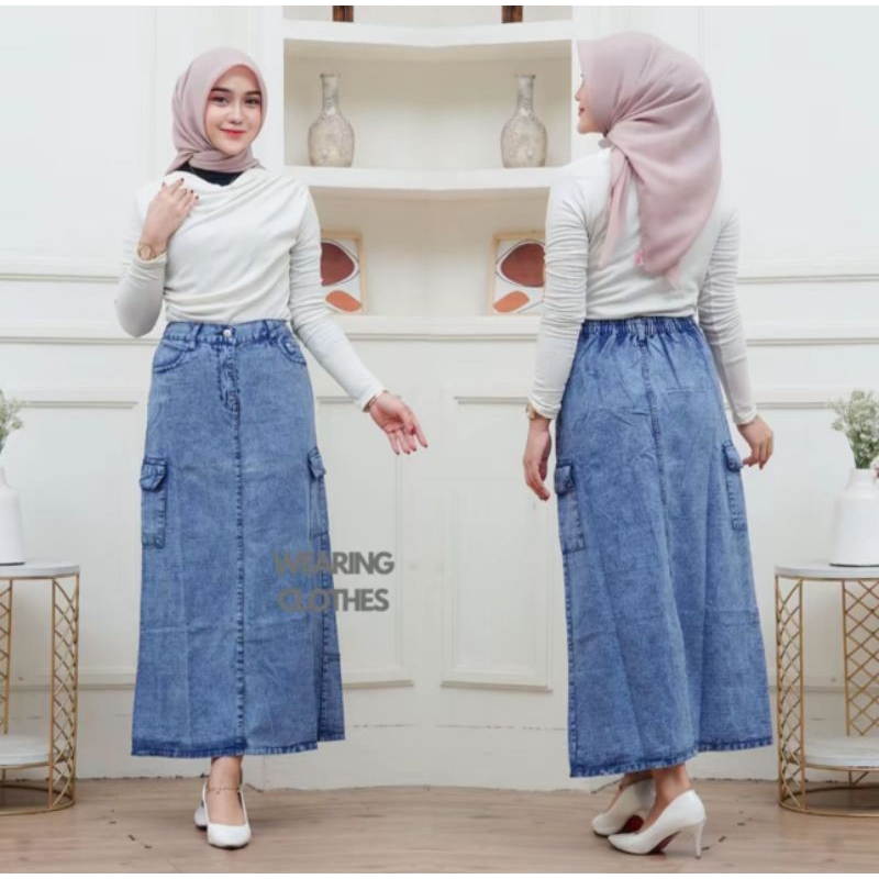 Jual Rok Cargo Jeans Highwaist Span Wanita Rok Cargo Bagian Belakang ...