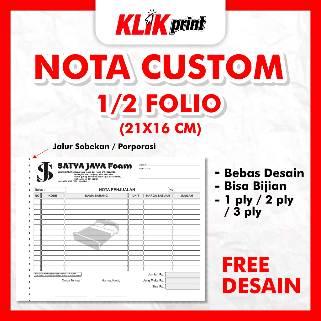 Jual Nota Satuan 1/2 Folio | 21 X 16 CM | Nota Custom Bijian Free ...