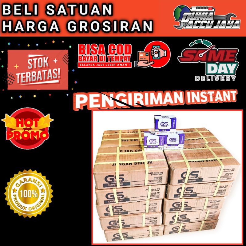 Aki motor kering GROSIR 1 dus isi 10 pcs GS MF Gtz5s garansi 3 bulan 12v 5ah Honda Beat Vario 110 Scoopy Mio Soul Revo Vixion Kirana Karisma Supra X-125 X-PGM-FI Blade MegaPro CS1 Spacy Verza R15 Byson Jupiter Z1 GT xeon RC X-Ride Fino Spin Skywave Shogun