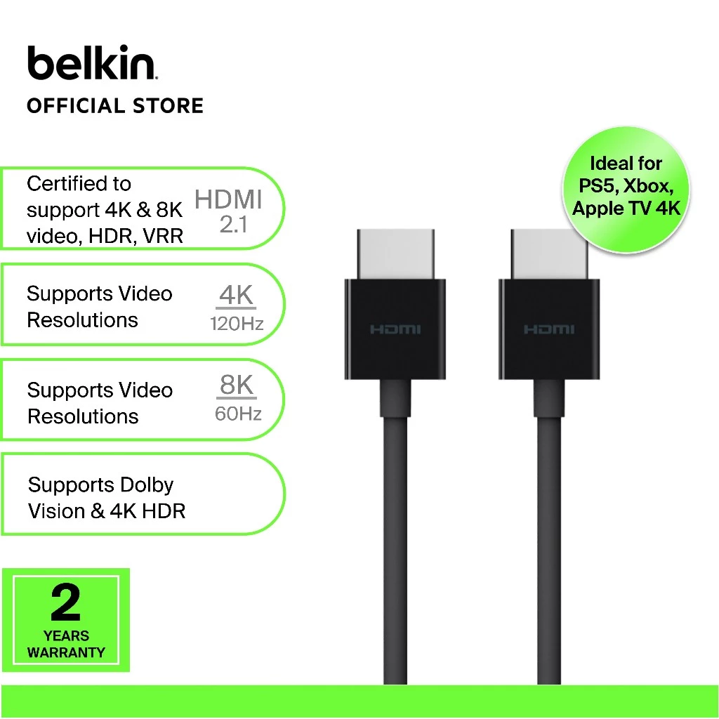 Belkin AV10175bt2MBKV2 4K Ultra High Speed HDMI 2.1 Cable 2M (macbook, apple TV, PS5, xbox)