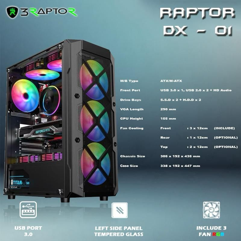 Jual Raptor DX-01 CPU Case Gaming ATX/M-ATX Include Fan RGB | Shopee ...