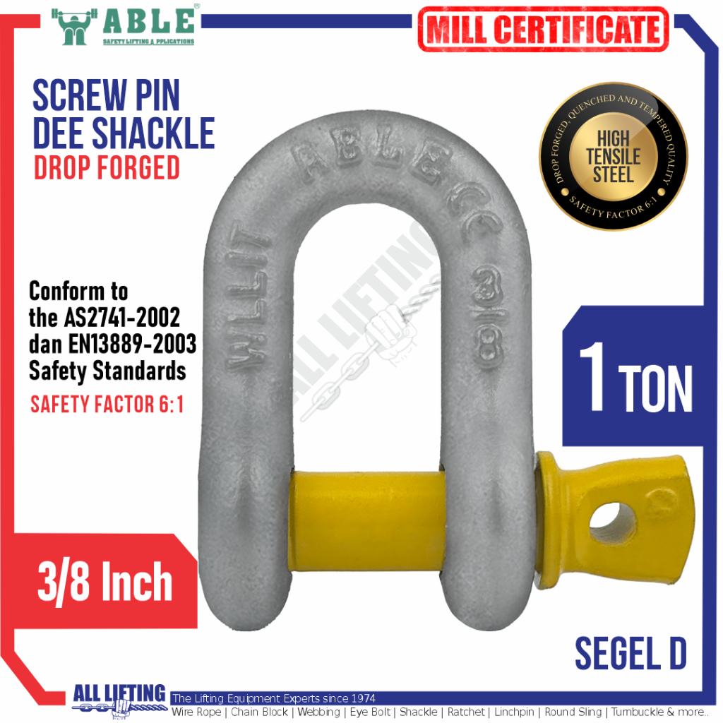 Jual ABLE Shackle D 1 Ton 3/8 Inch Grade S/6 Forged Segel Dee Screw Pin ...