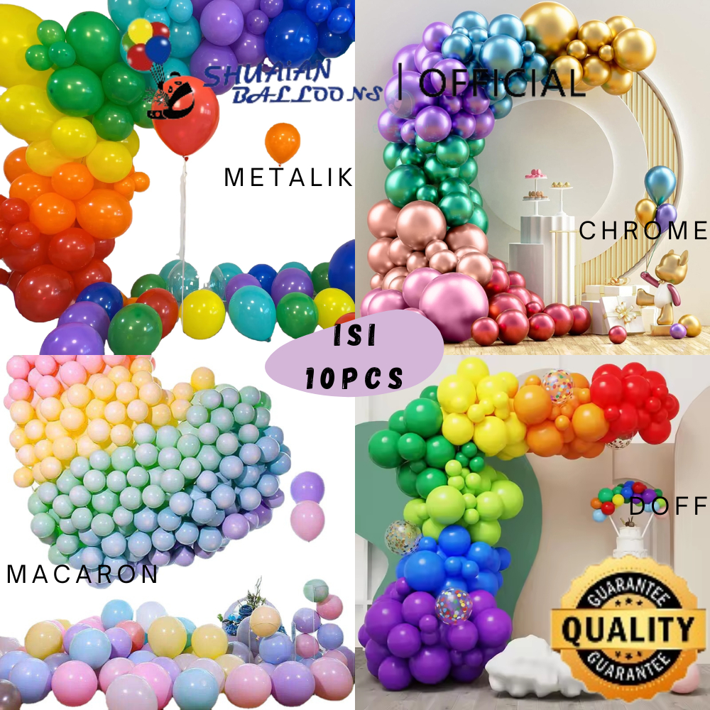 SHUAIAN Balon Latex Macaron Doff Metalik Chrome isi 10Pcs 12 Inch Balon Lateks Warna Warni Dekorasi Pesta Wisuda Pernikahan Ulang Tahun