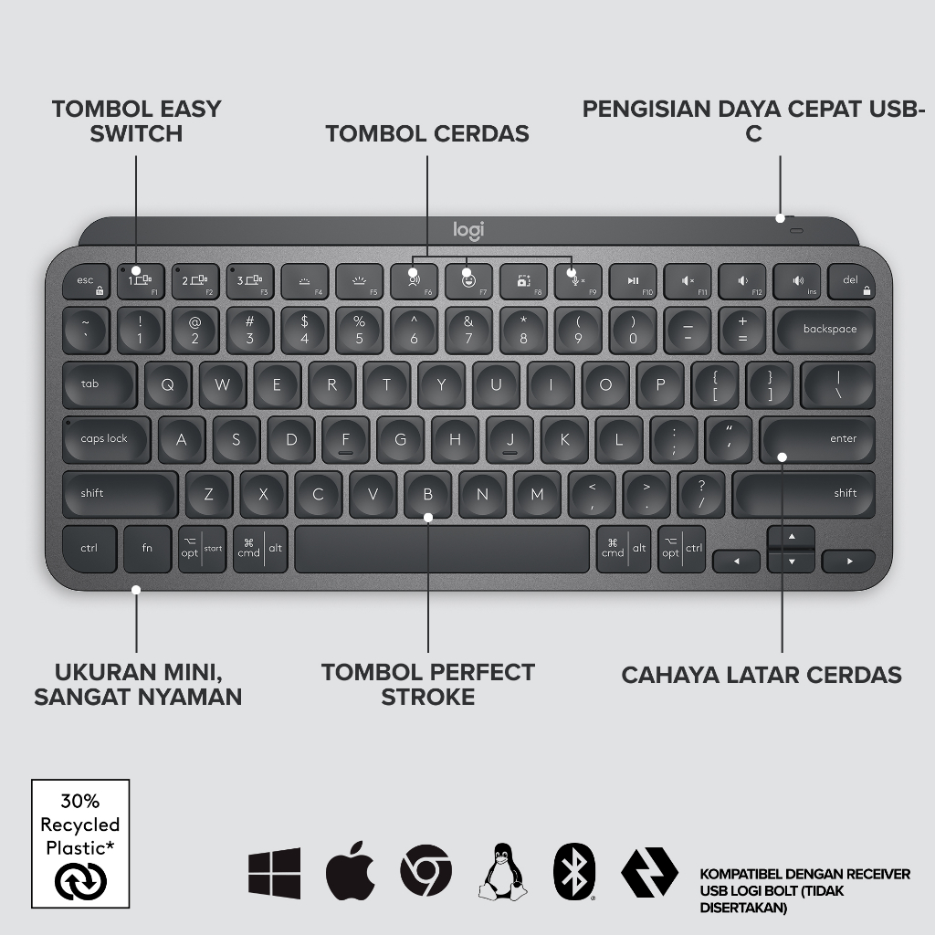 Logitech MX Keys Mini Keyboard Wireless Bluetooth Minimalist Backlit Illuminated for Power Users Windows, Mac, iOS, Linux & Android - Graphite (8)