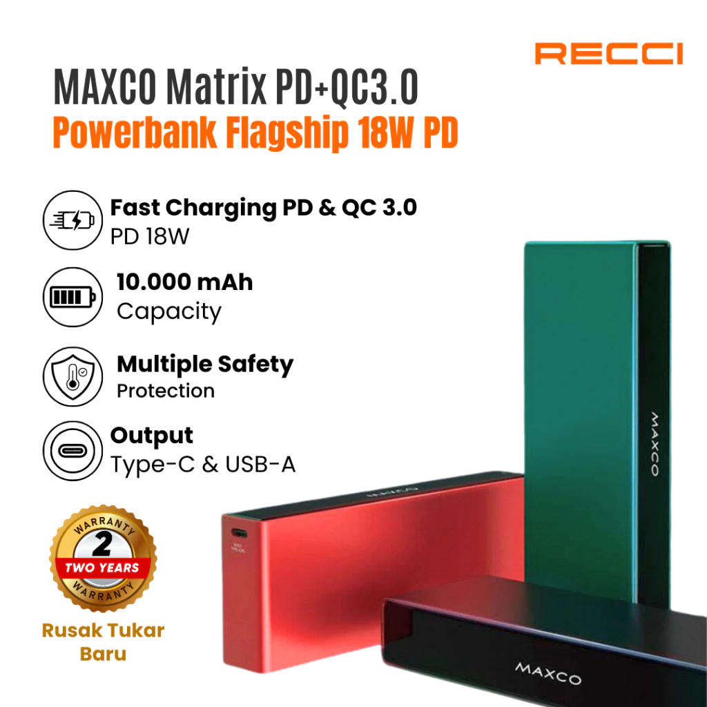Powerbank Recci MAXCO Matrix PC+QC3.0 18W MPB-ET11 Black/Red/Green