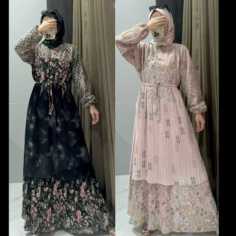 Gamis Lebaran Ceruti Babydoll Dress Brukat Ramadhan Idul Fitri Set Dengan Hijab - foto 4