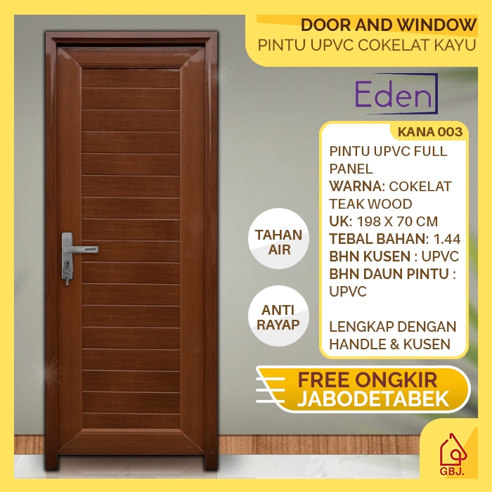 Pintu UPVC cokelat Eden Kana ukuran 198 x 70 lengkap dengan kusen dan handle