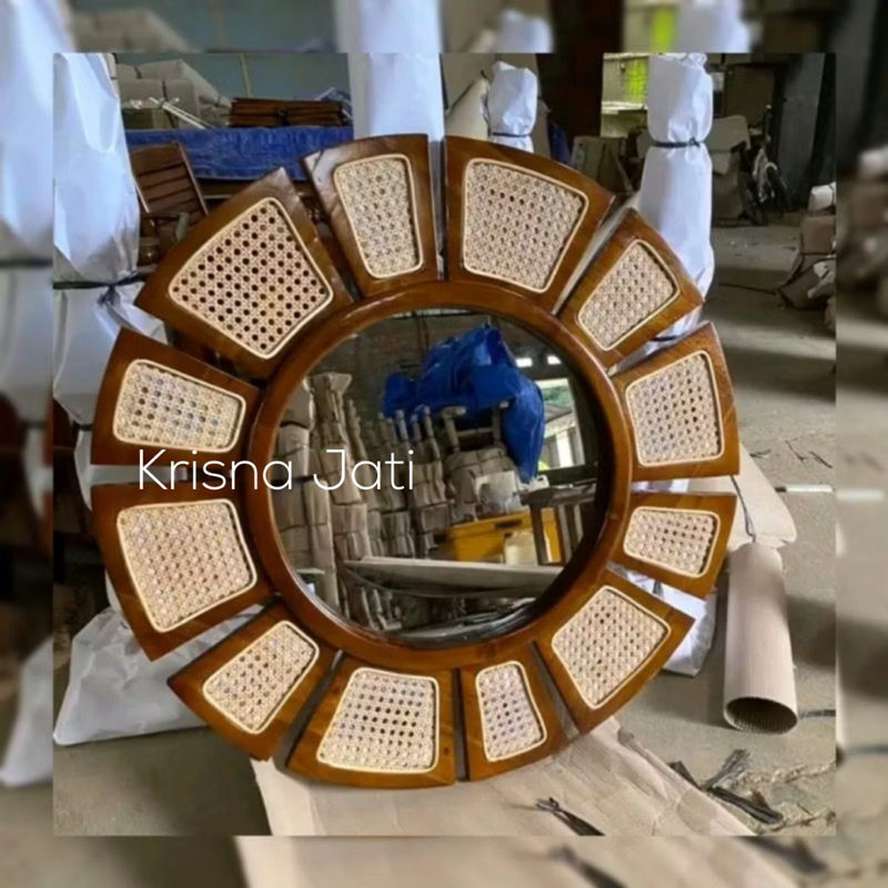 Jual cermin figura dinding rotan minimalis kayu jati D90cm | READY ...
