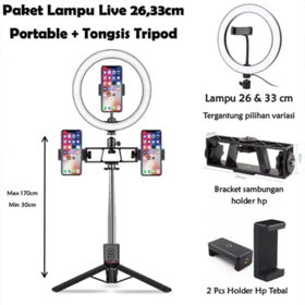 Paket Lampu Ring Light 26cm 33cm Live Dan Tripod Tongsis 1 7 Meter Free 3 Holder Hp Live Studio