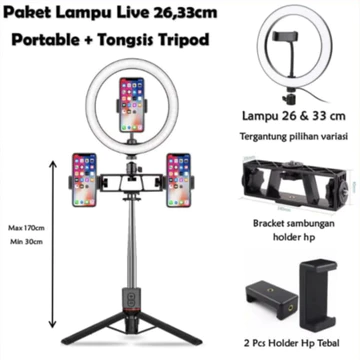 Paket Lampu Ring Light 26cm 33cm Live Dan Tripod Tongsis 1 7 Meter Free 3 Holder Hp Live Studio
