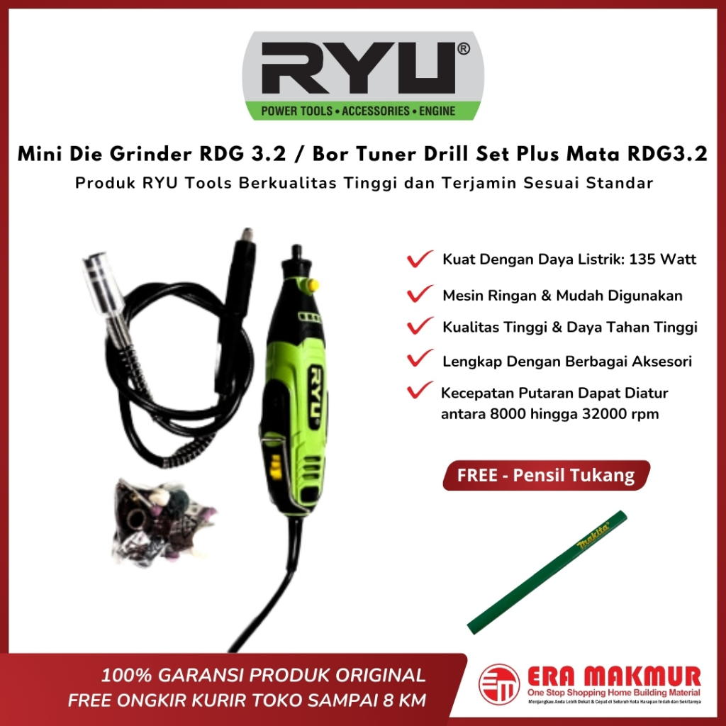 Jual RYU Mini Die Grinder RDG 3.2 / Bor Tuner Drill Set Plus Mata RDG3 ...