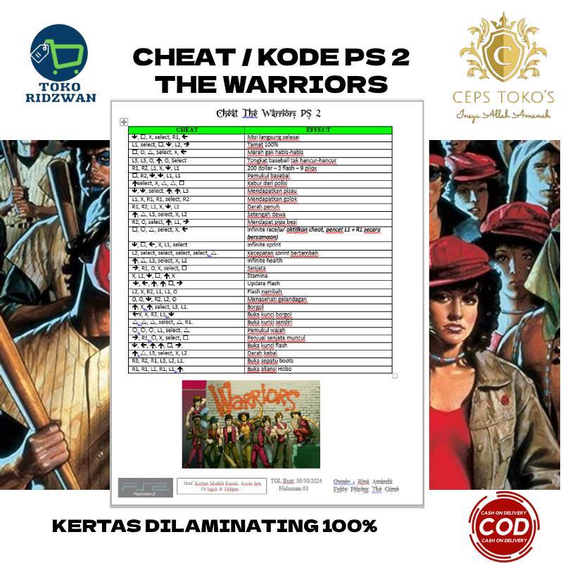 Jual kode cheat game ps 2 the warriors kertas sudah dilaminating ...