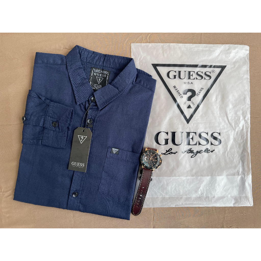 (Bisa COD) Guess Long Sleeve Katun Twill Shirt Kemeja Polos Guess Katun  Twill Pria Lengan Panjang