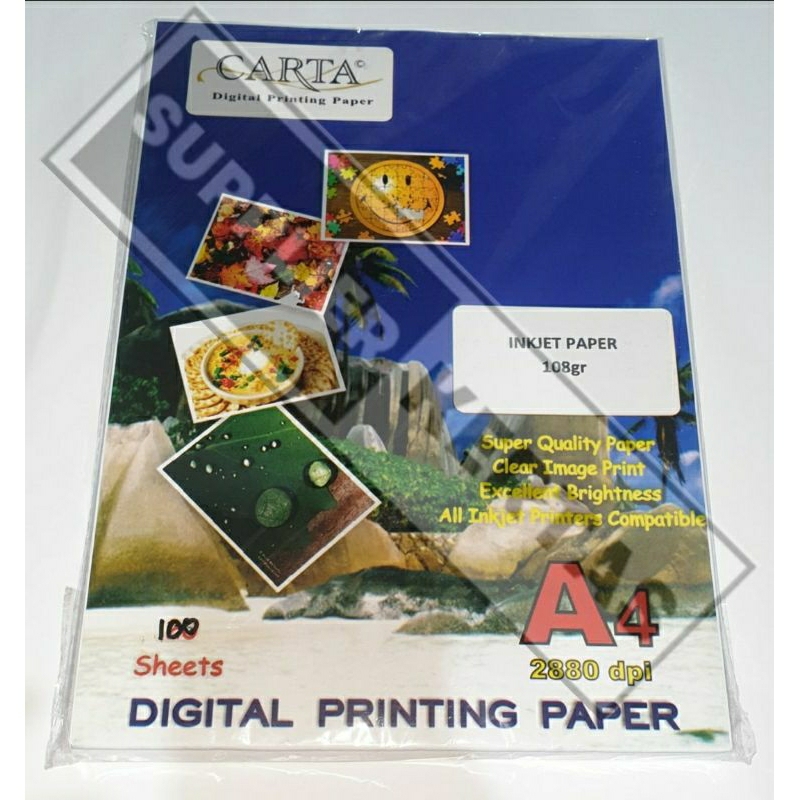 Jual Inkjet Paper uk A4 Carta isi 100 lembar 108gr/Kertas khusus ...