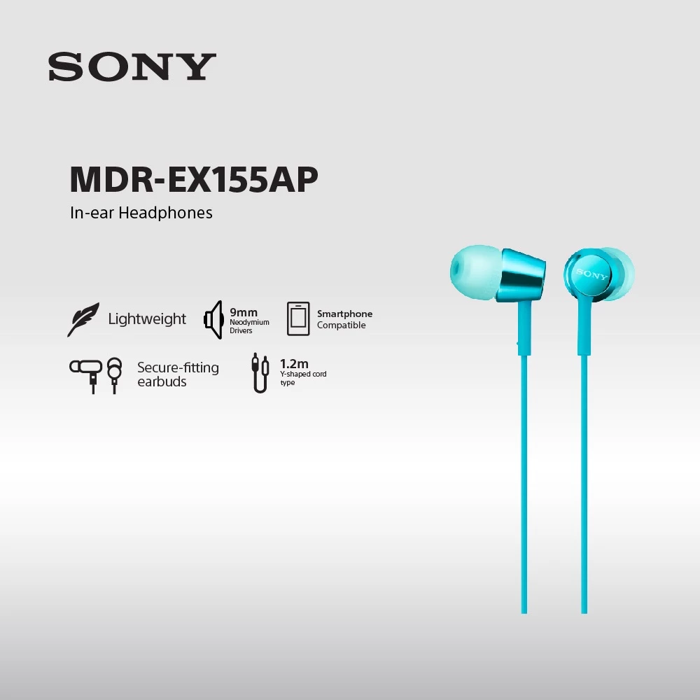 Earphone Sony MDR-EX155AP Wire Headset With Microphone - Light Blue SONY Earphone Original
