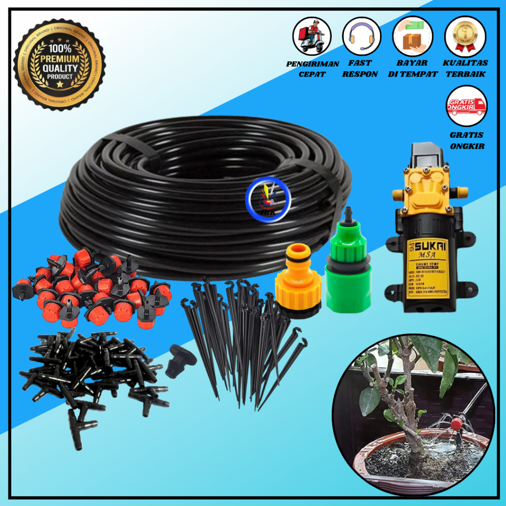 Set Irigasi Taman Alat Siram Tanamam Garden Watering Kit Misting Sprayer BULAT MERAH Walet Jamur Tetes Selang Otomatis + Pompa 80 PSI