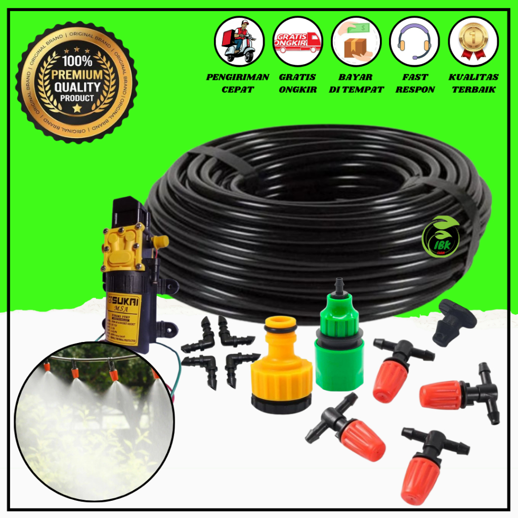 Set Irigasi Taman Set Misting Pendingin Kandang Ayam Walet Jamur Paket Misting Paket Sprayer Selang Sprayer LURUS OREN+ DINAMO POMPA