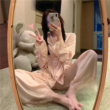 Baju Tidur Wanita Piyama Set BS 5110 Setelan Lace Renda Ice Silk Lengan Panjang Celana Panjang
