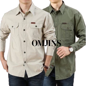 OMJINS Kemeja Lengan Panjang Pria Kemeja Kerja Polos Kemeja Tactical Outdoor Lapangan