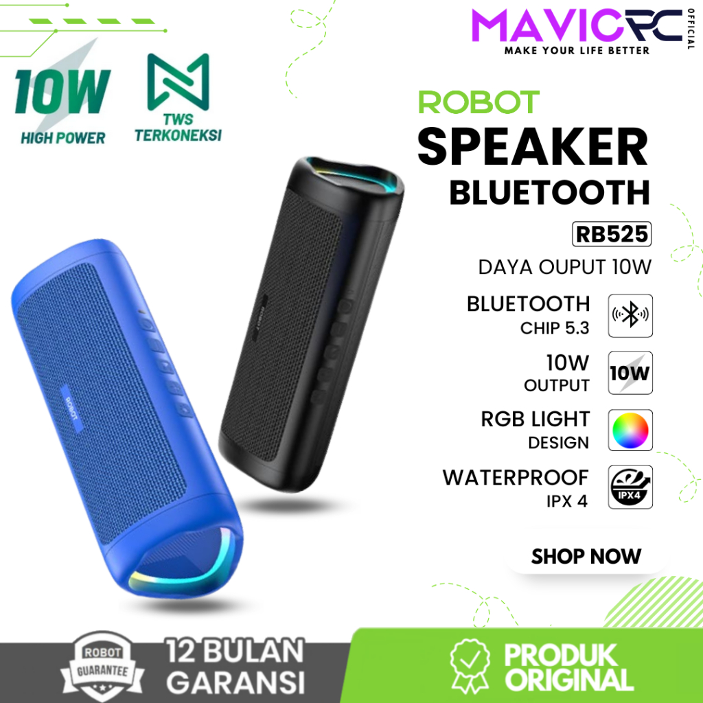 Jual ROBOT RB525 Speaker Bluetooth 5.3 Portable Double Bass 10W RGB ...
