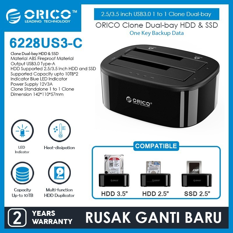 Jual ORICO 6228US3-C Docking 2.5/3.5 Inch HDD and SSD USB 3.0 1 to 1 ...